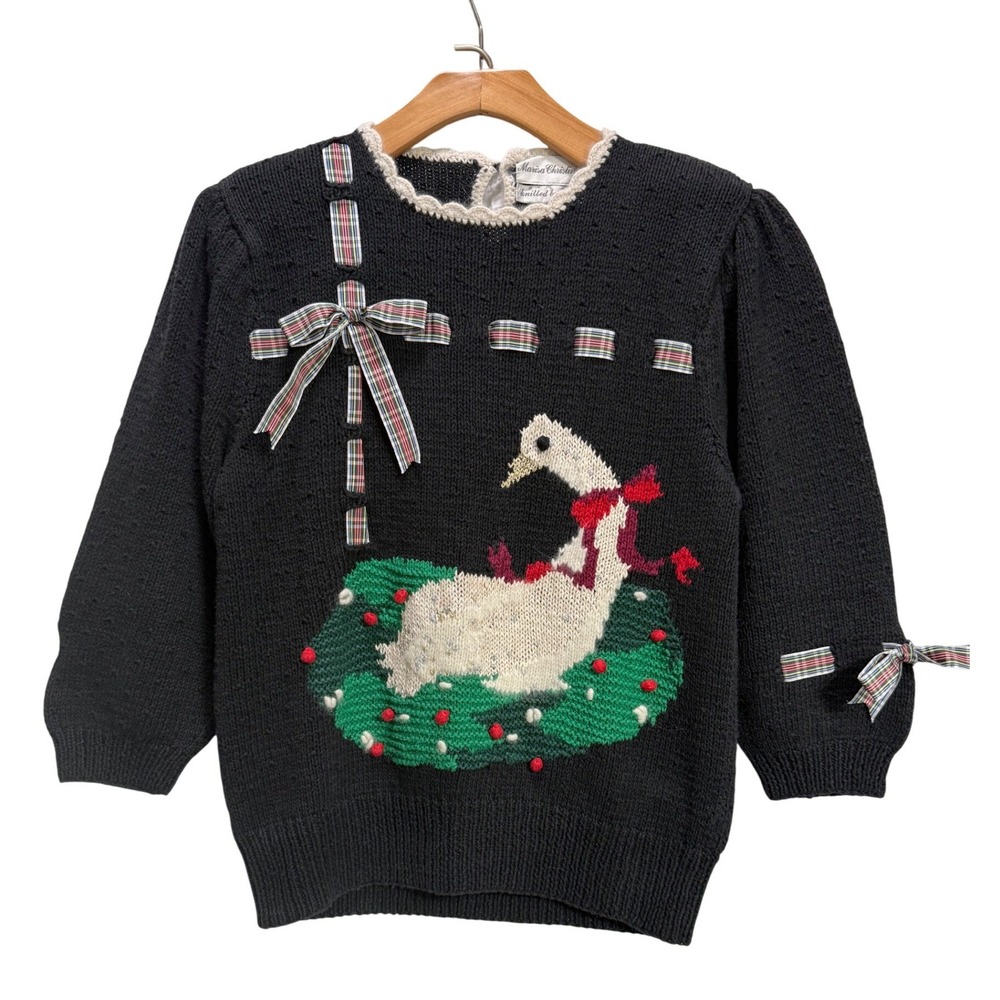 Marisa Christina VTG Hand Knit Sweater Black EUC Holiday Goose Plaid Bows SZ L